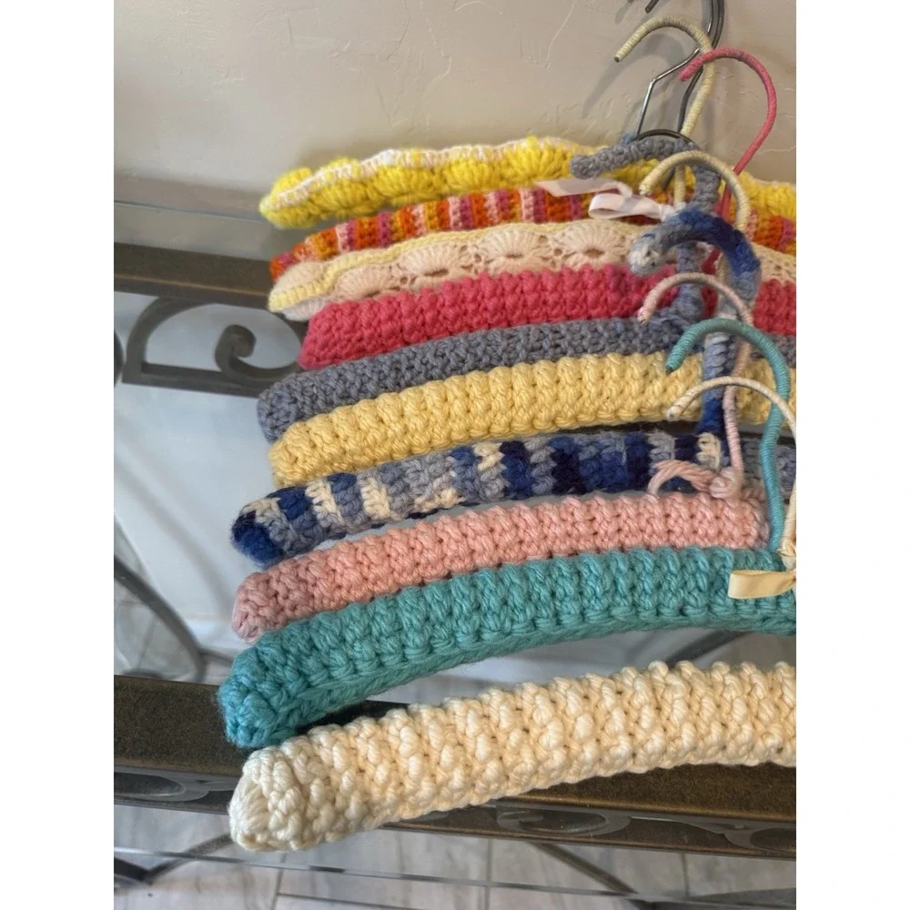 10 PC Vtg 70s Handmade Crochet Padded Clothes Hanger Lot Retro Cottagecore Boho